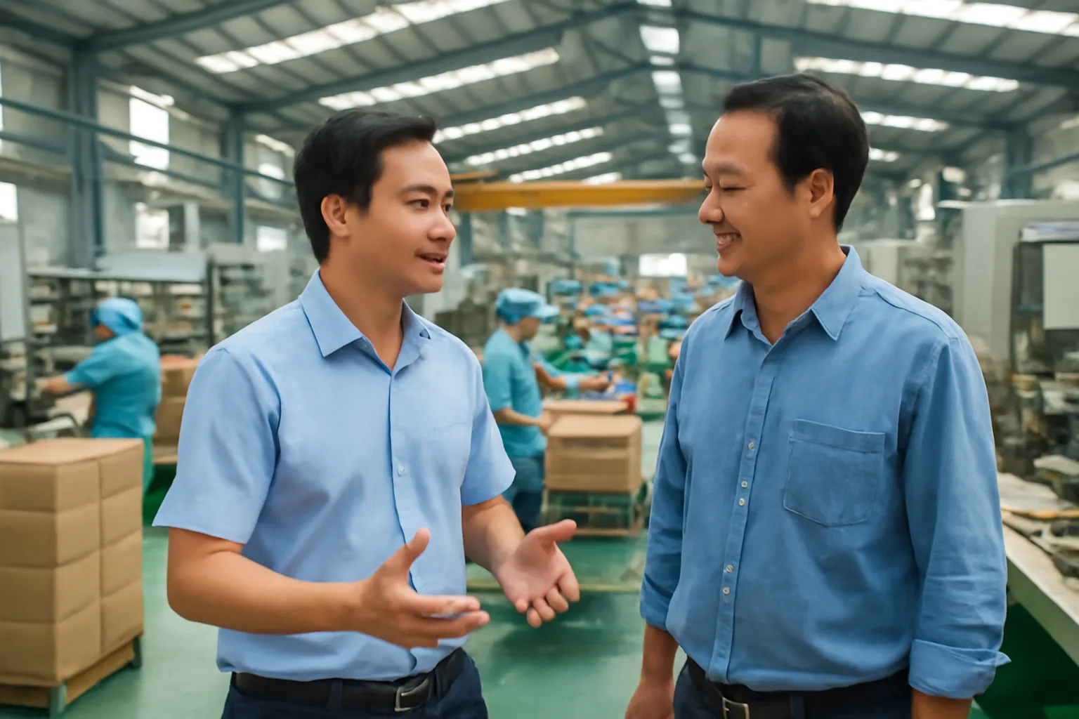 Trưởng phòng kinh doanh trò chuyện với chủ xưởng giữa khu máy móc sản xuất
