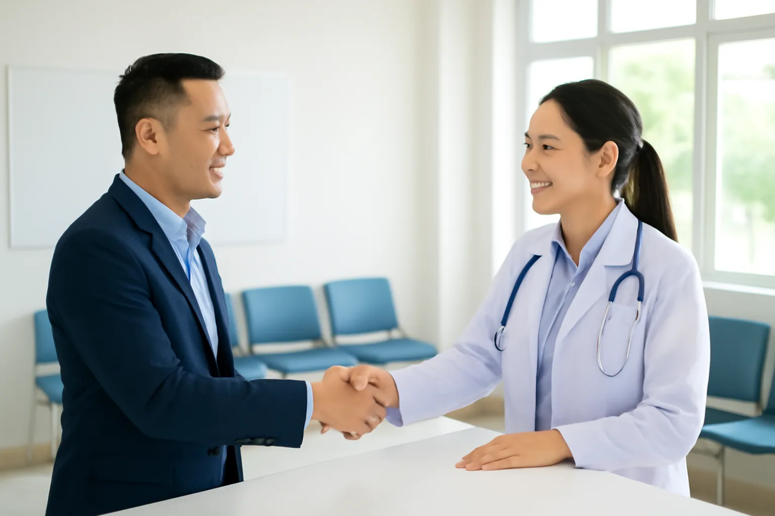 Nhân viên kinh doanh thiết bị y tế và bác sĩ chủ phòng khám trao đổi bên quầy tiếp đón