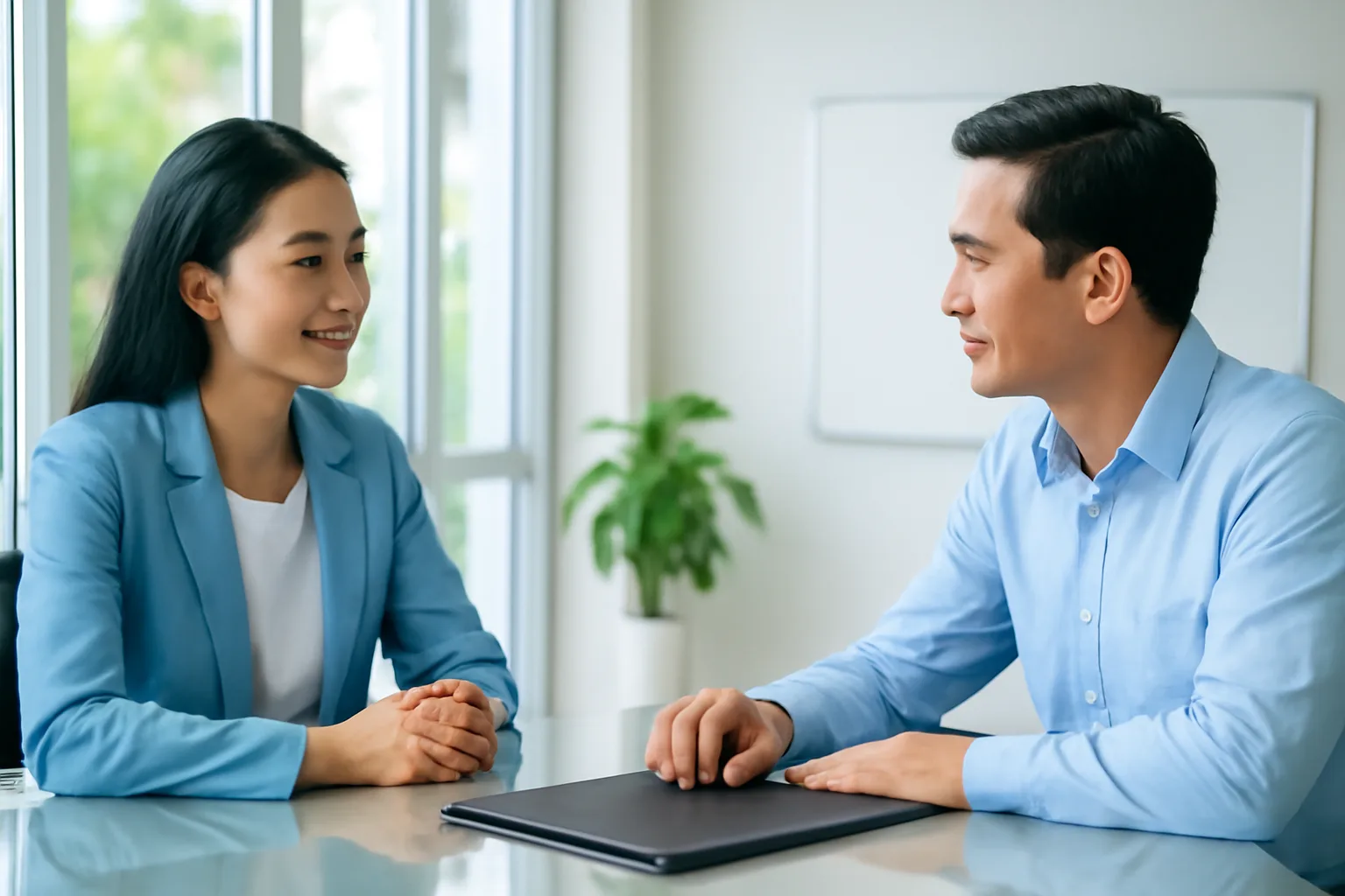 Trưởng phòng mua hàng và đại diện nhà cung cấp trao đổi bên bàn họp trước khi ký hợp đồng