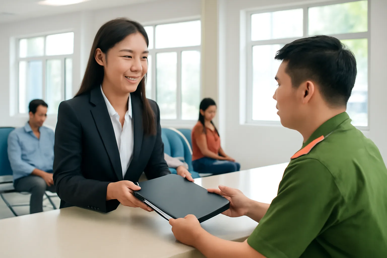 Nữ chủ doanh nghiệp đưa tập hồ sơ cho cán bộ tại quầy tiếp nhận của cơ quan thuế