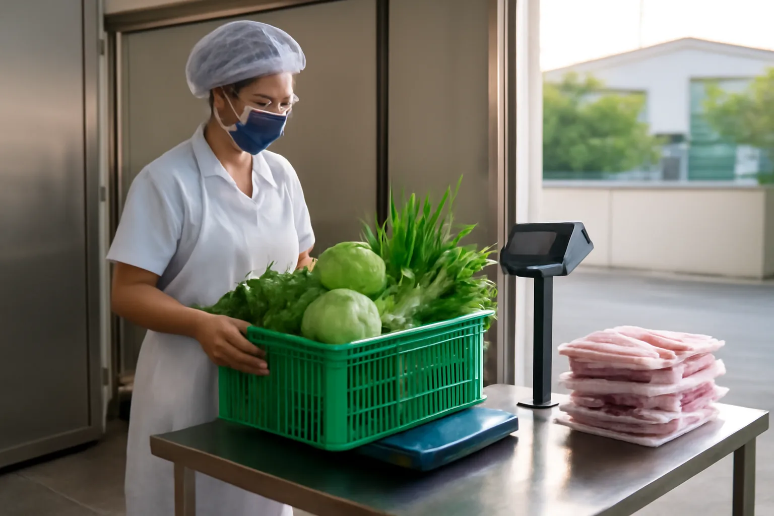 Nhân viên nhận hàng của bếp trung tâm kiểm tra thùng rau củ và thịt đóng khay lúc sáng sớm