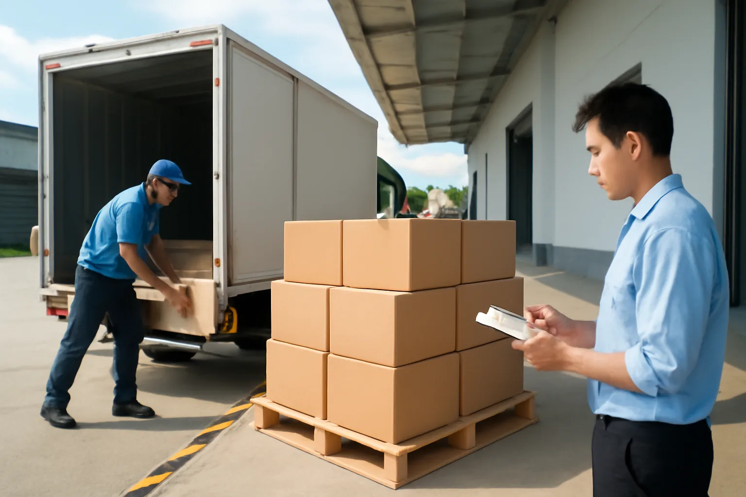 Công nhân dỡ hàng từ xe tải tại bến nhận hàng, nhân viên kho đếm thùng