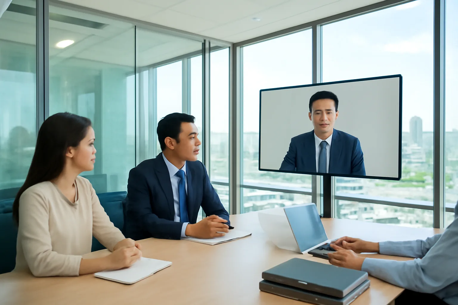 Giám đốc tài chính công ty con họp trực tuyến với tập đoàn trong phòng họp có tường kính
