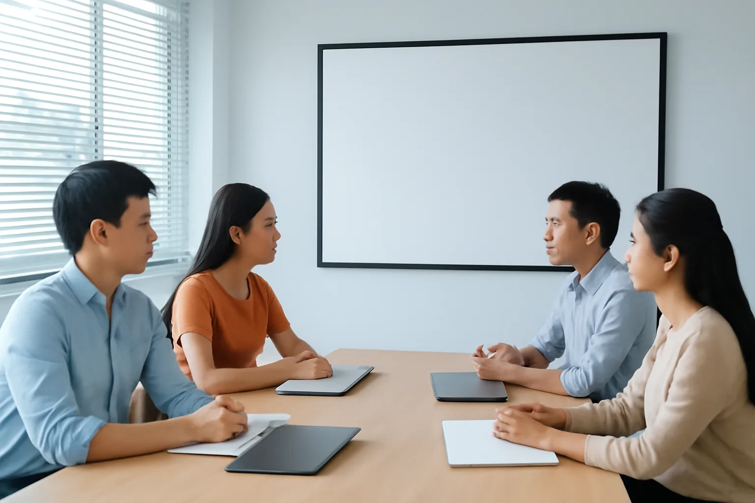 Nhóm lập trình viên họp trực tuyến với đồng nghiệp nước ngoài trong phòng họp nhỏ