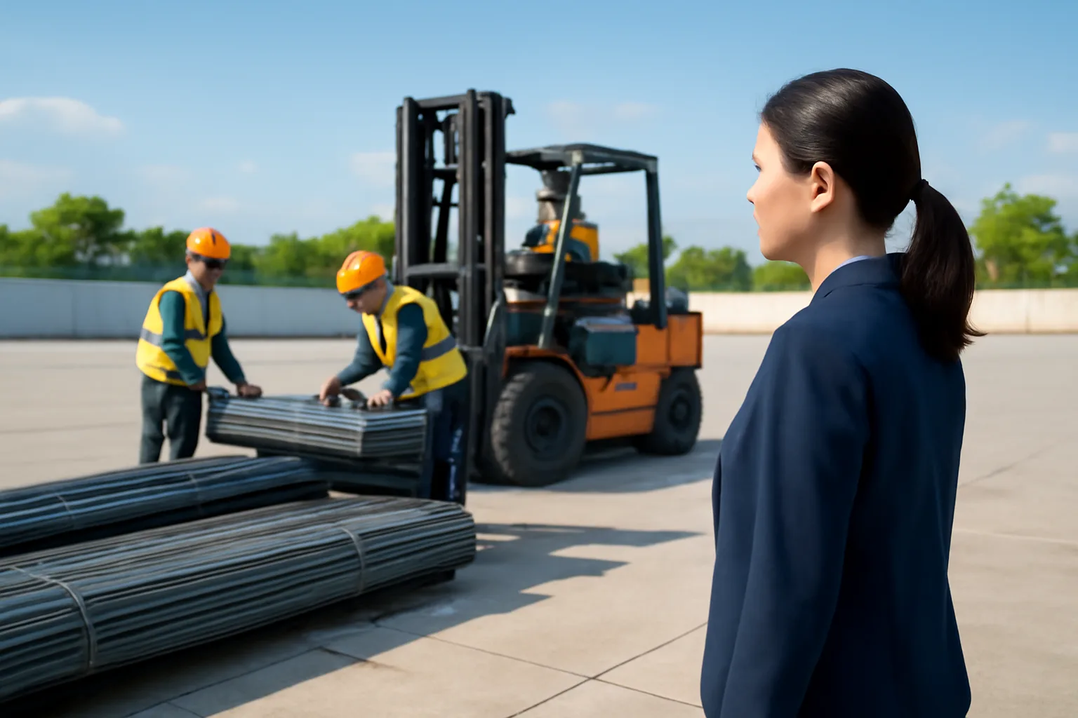 Trưởng phòng mua hàng đứng ở bãi hàng mới, nhìn công nhân xếp các kiện thép
