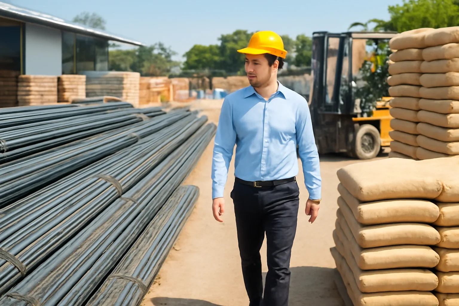 Nhân viên mua hàng công ty xây dựng đứng xem bãi thép cây xếp bó tại kho đại lý vật liệu