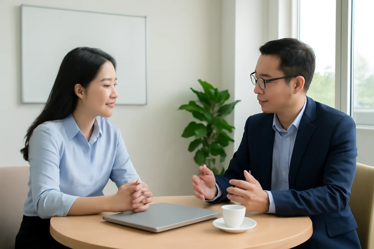 Kế toán và chuyên viên tư vấn thuế trao đổi trong văn phòng nhỏ bên tách trà