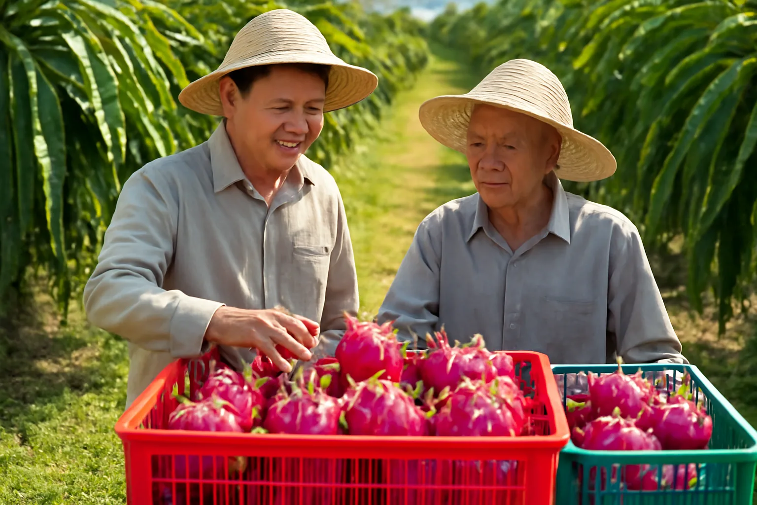 Chủ doanh nghiệp chế biến và người thân kiểm tra sọt trái cây vừa hái tại trang trại