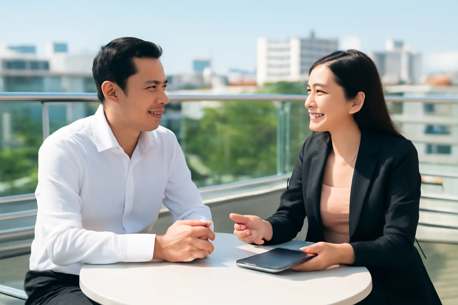 Trưởng phòng kinh doanh và nhân viên đơn vị truyền thông trao đổi bên chiếc máy tính bảng úp mặt trong quán cà phê