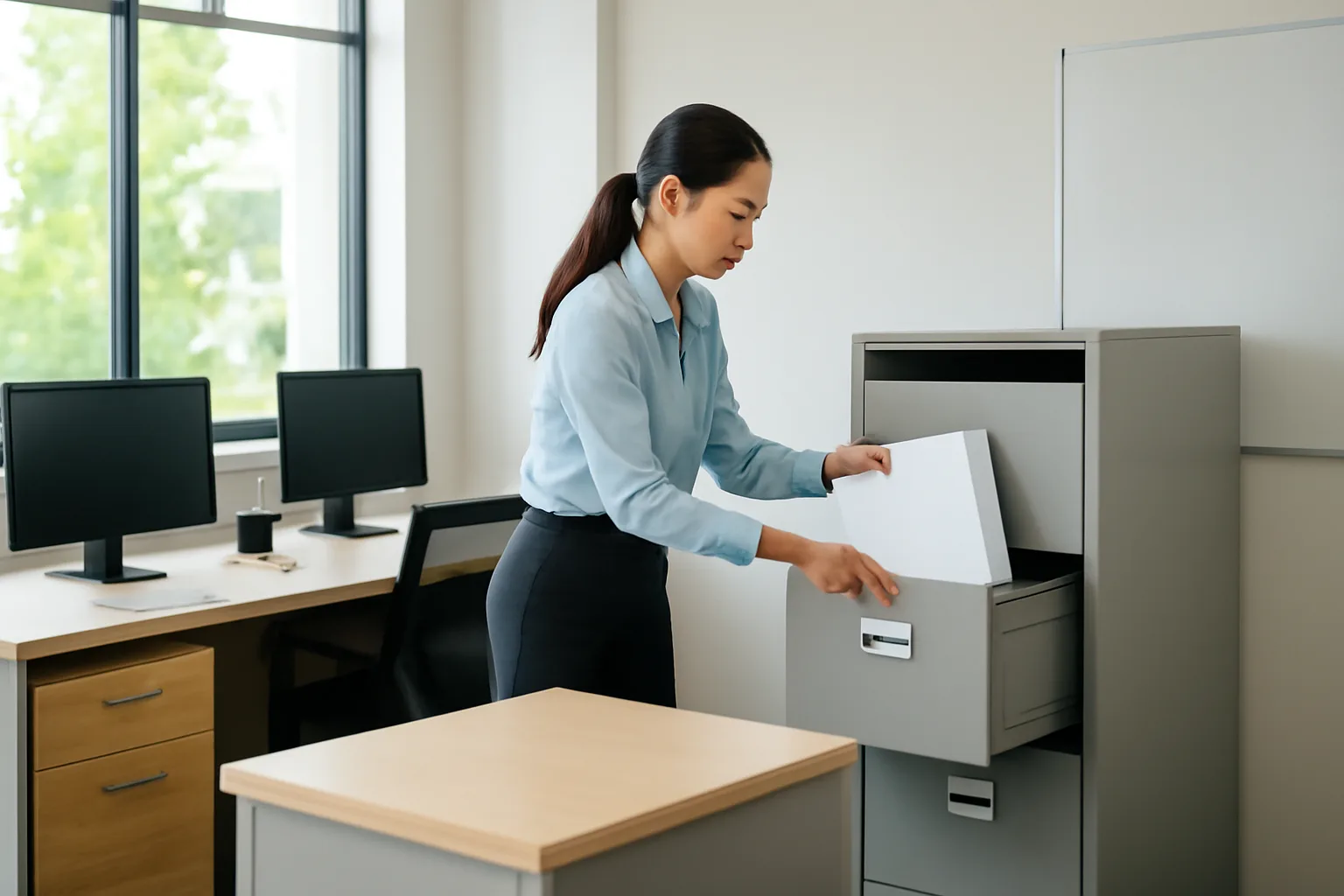Nhân viên hành chính chia hồ sơ vào hai tủ tài liệu riêng trong văn phòng chung