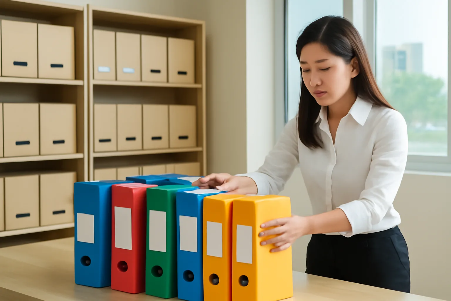 Kế toán thuế của doanh nghiệp xuất khẩu sắp xếp hồ sơ hoàn thuế bên kệ tài liệu