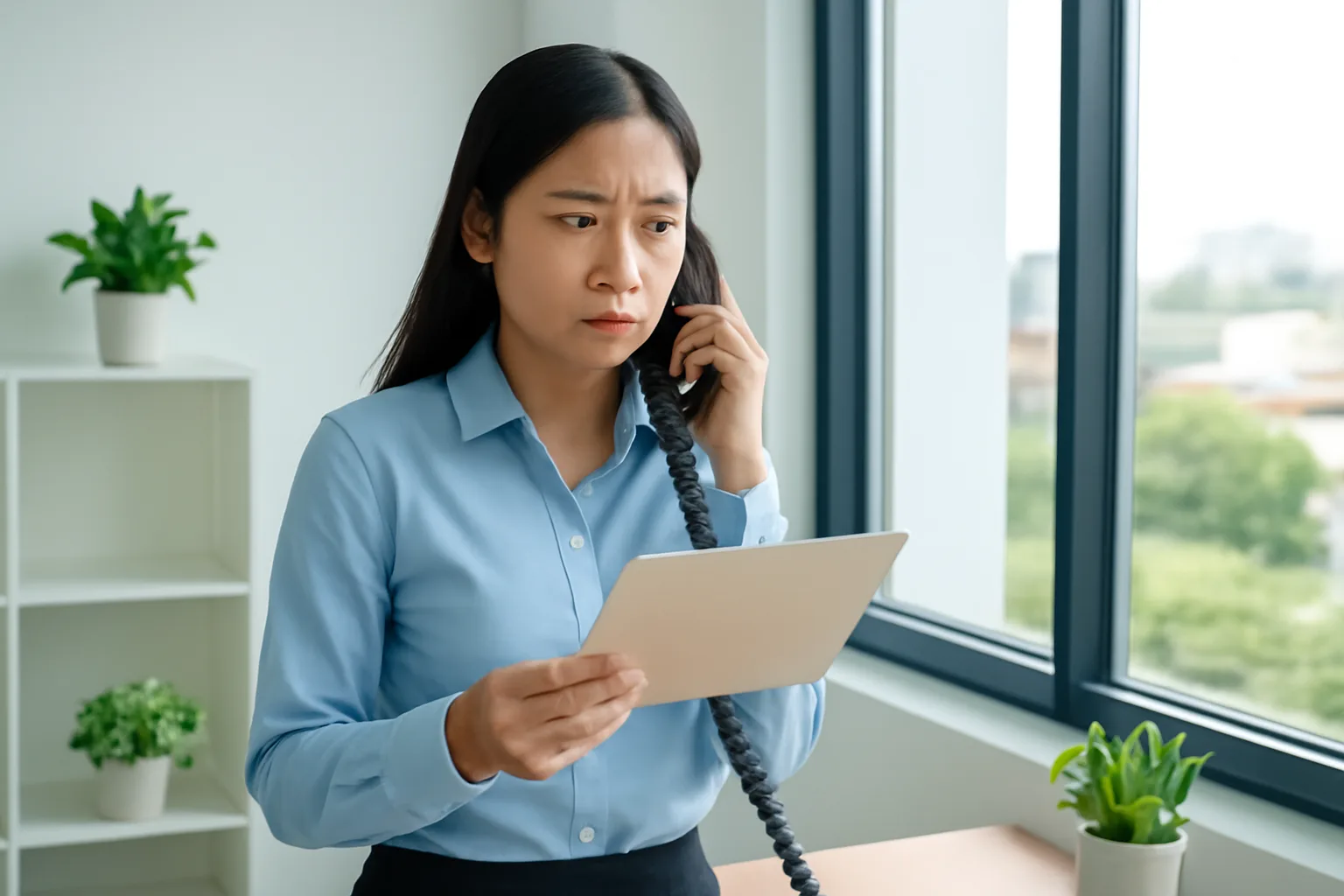 Nữ kế toán cầm phong bì gọi điện thoại, vẻ mặt đang xác minh thông tin