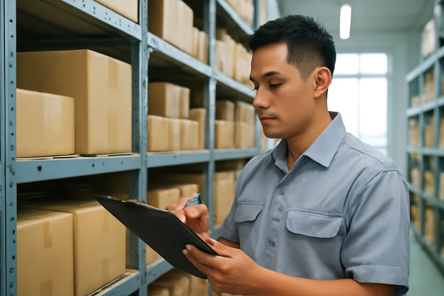 Thủ kho đối chiếu từng thùng linh kiện trên kệ với tập phiếu nhập kho