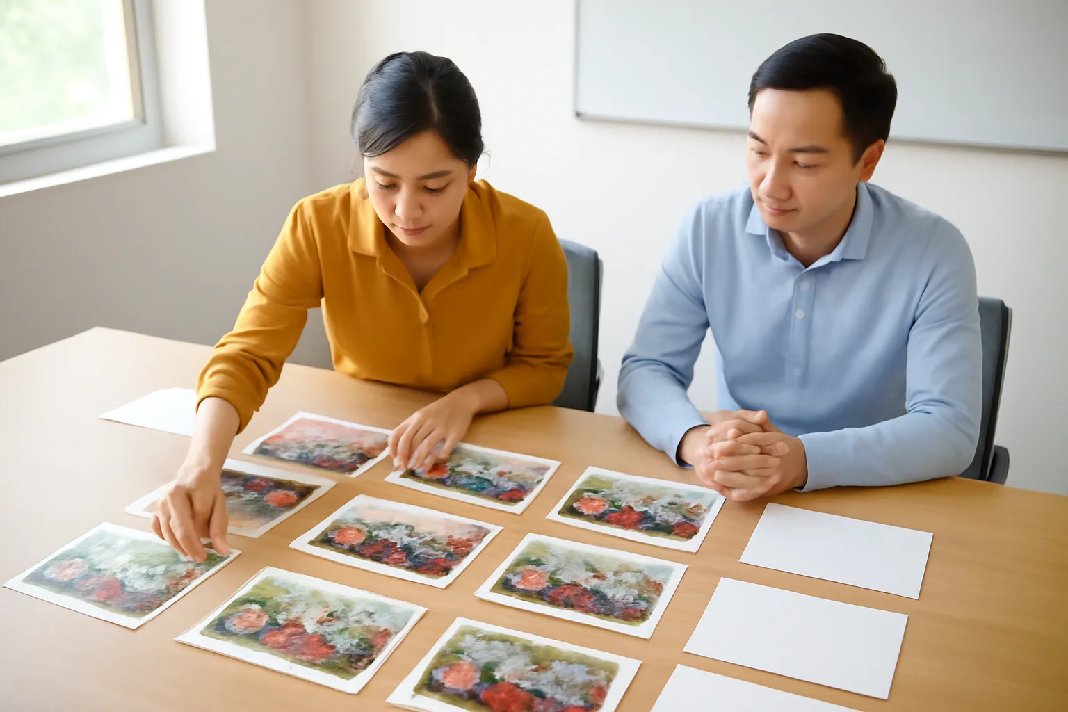 Nhân viên hành chính sắp lại xấp ảnh in và mẫu tờ rơi trắng trên bàn dài phòng họp