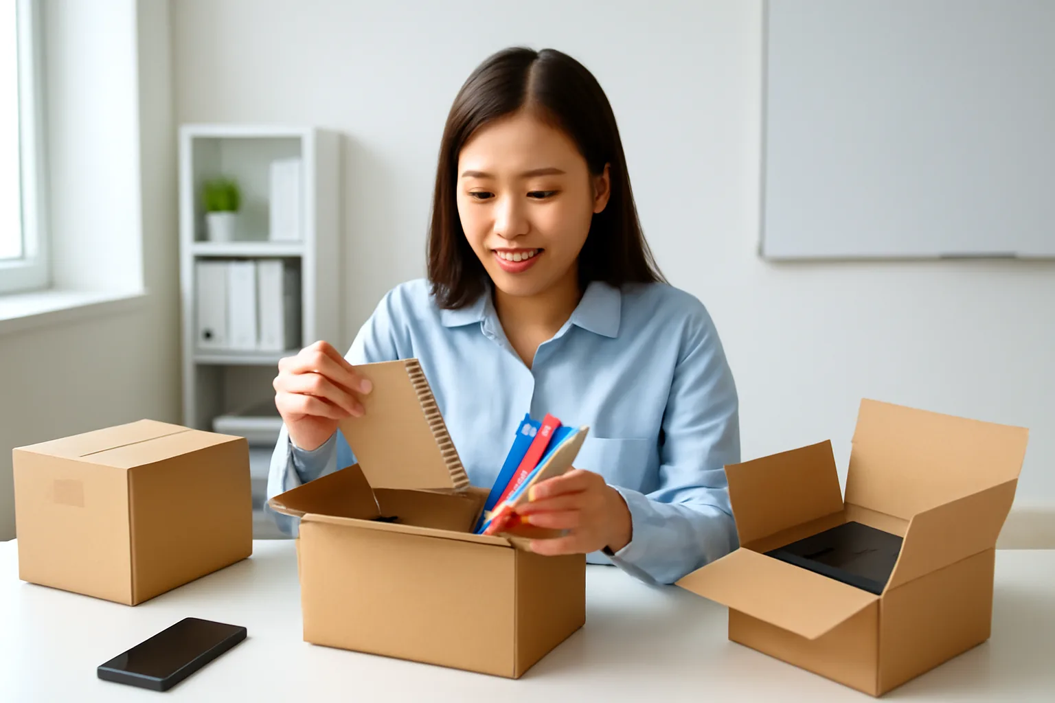 Nhân viên hành chính mở các hộp hàng mua trực tuyến và kiểm đếm trên bàn văn phòng