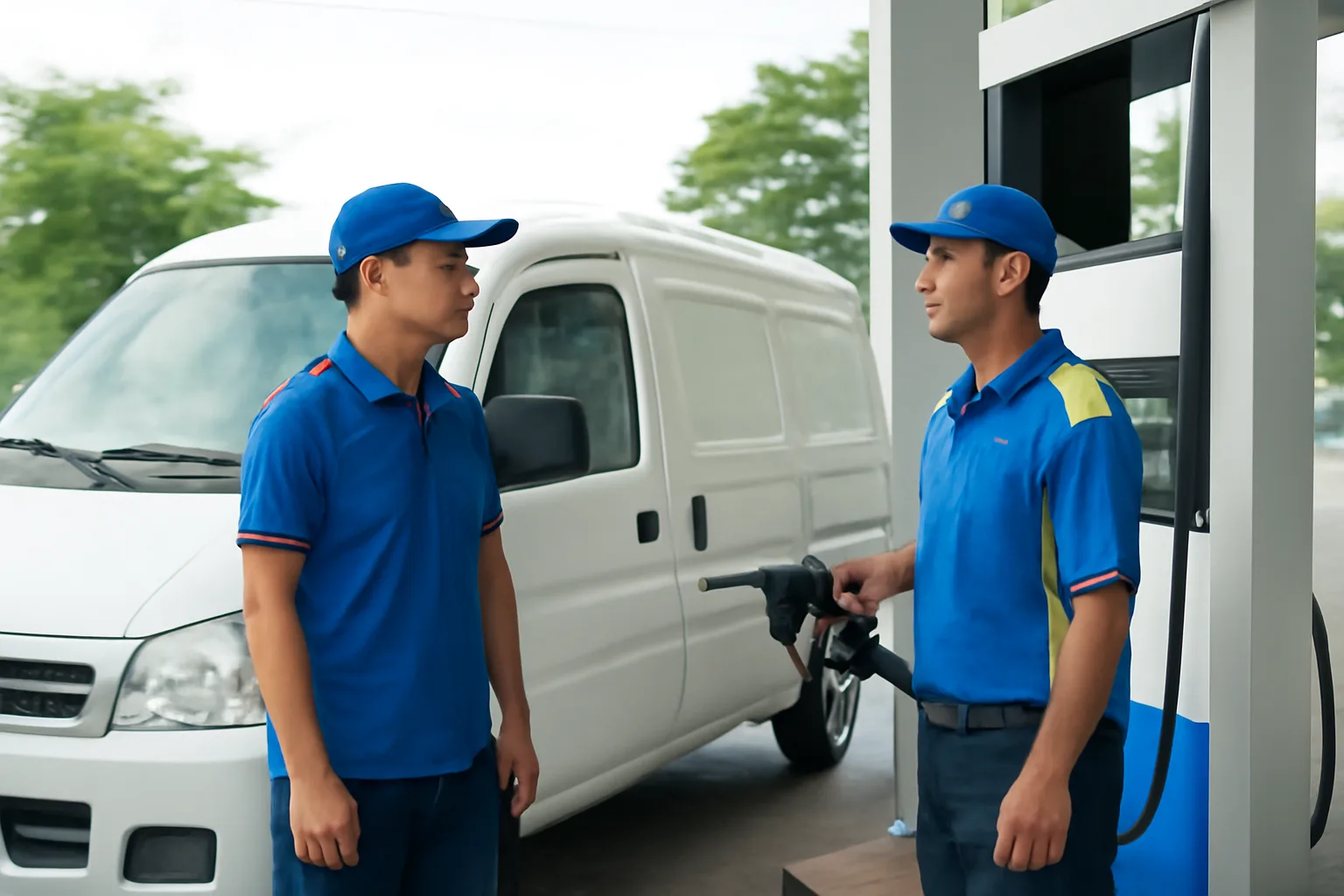 Tài xế xe tải nhỏ đổ nhiên liệu tại trạm xăng ven đô, nhân viên trạm cầm vòi bơm