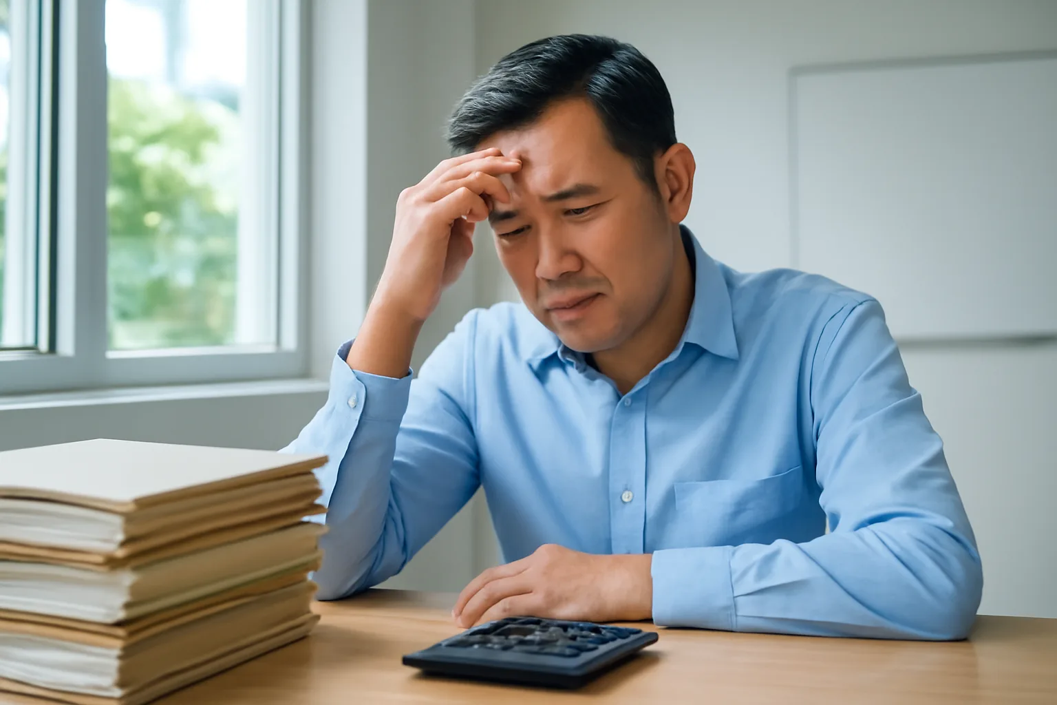 Kế toán trưởng ngồi bên xấp hồ sơ và máy tính bỏ túi, cân nhắc cách xử lý hoá đơn đầu vào