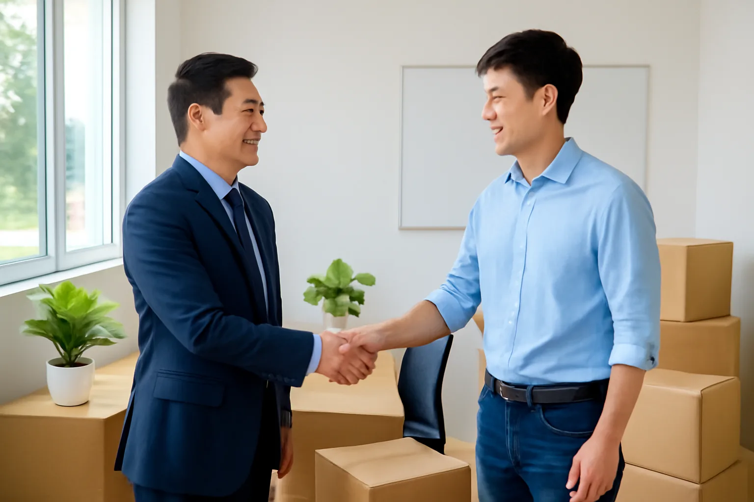 Giám đốc bán hàng gặp đại diện khách hàng mới tại văn phòng mới dọn vào của khách