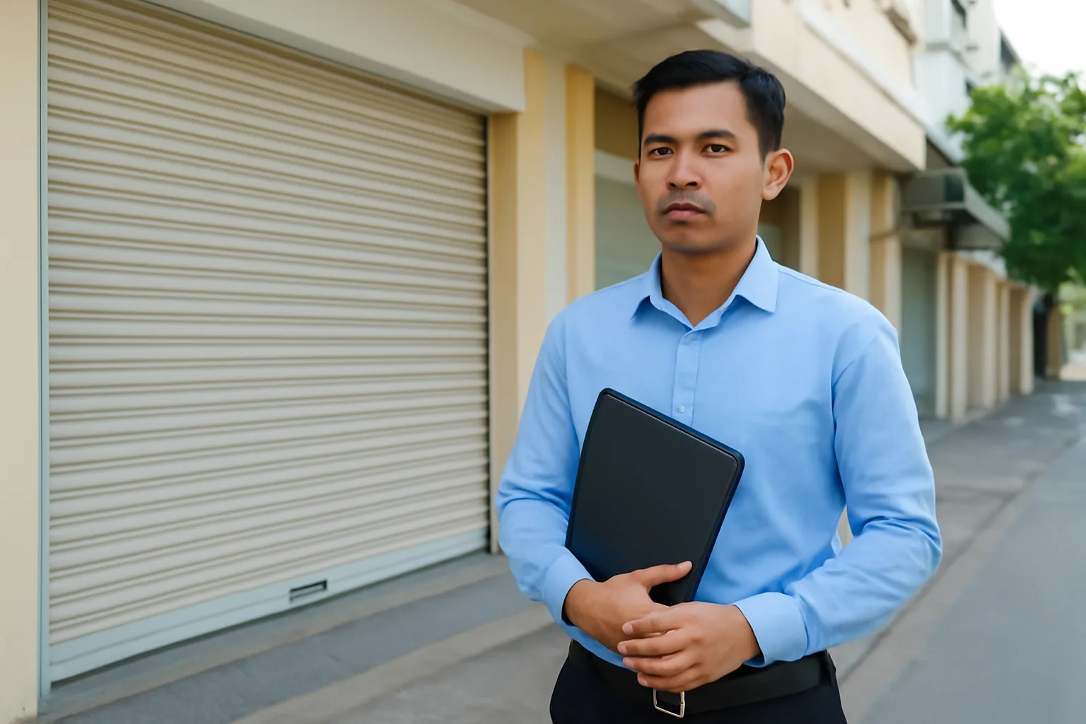 Nhân viên thu hồi công nợ đứng trước cửa văn phòng khách hàng đã đóng, cầm cặp hồ sơ