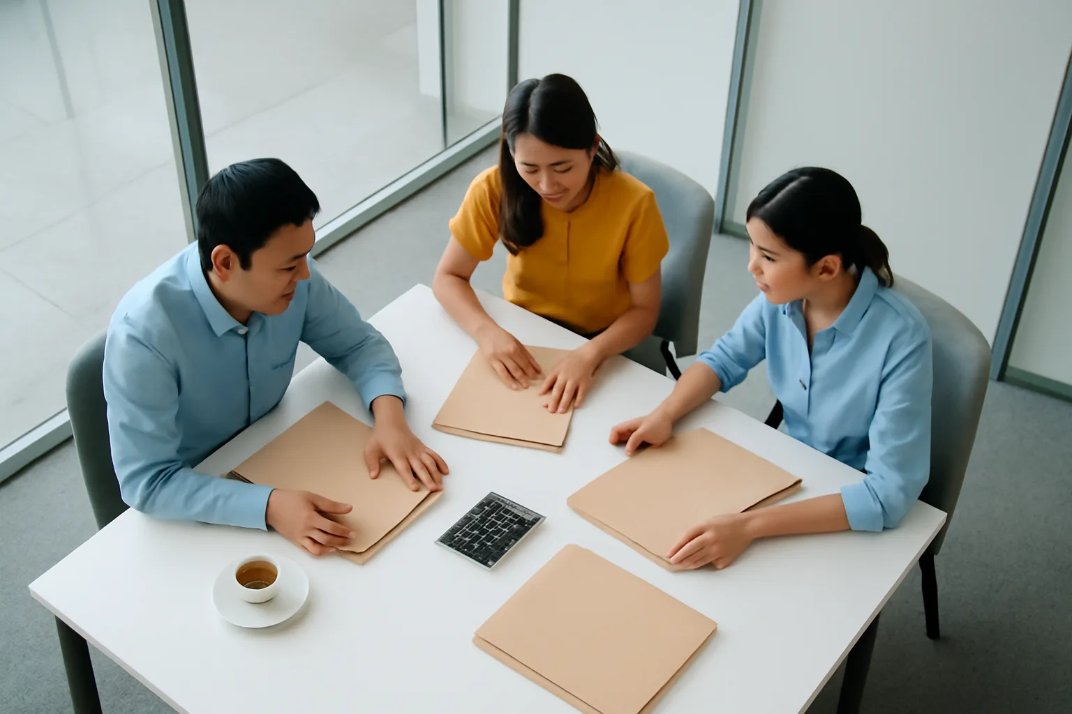 Ba người trong phòng họp nhỏ cùng xem xấp hồ sơ khách hàng và máy tính bỏ túi trên bàn
