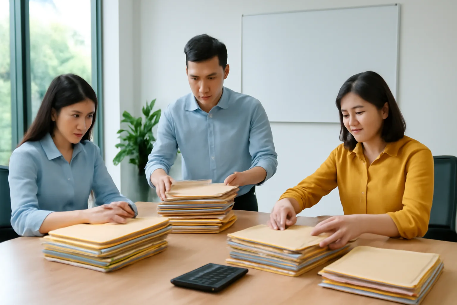 Nhóm kiểm toán nội bộ ba người chia các tập hồ sơ mua hàng trên bàn họp dài