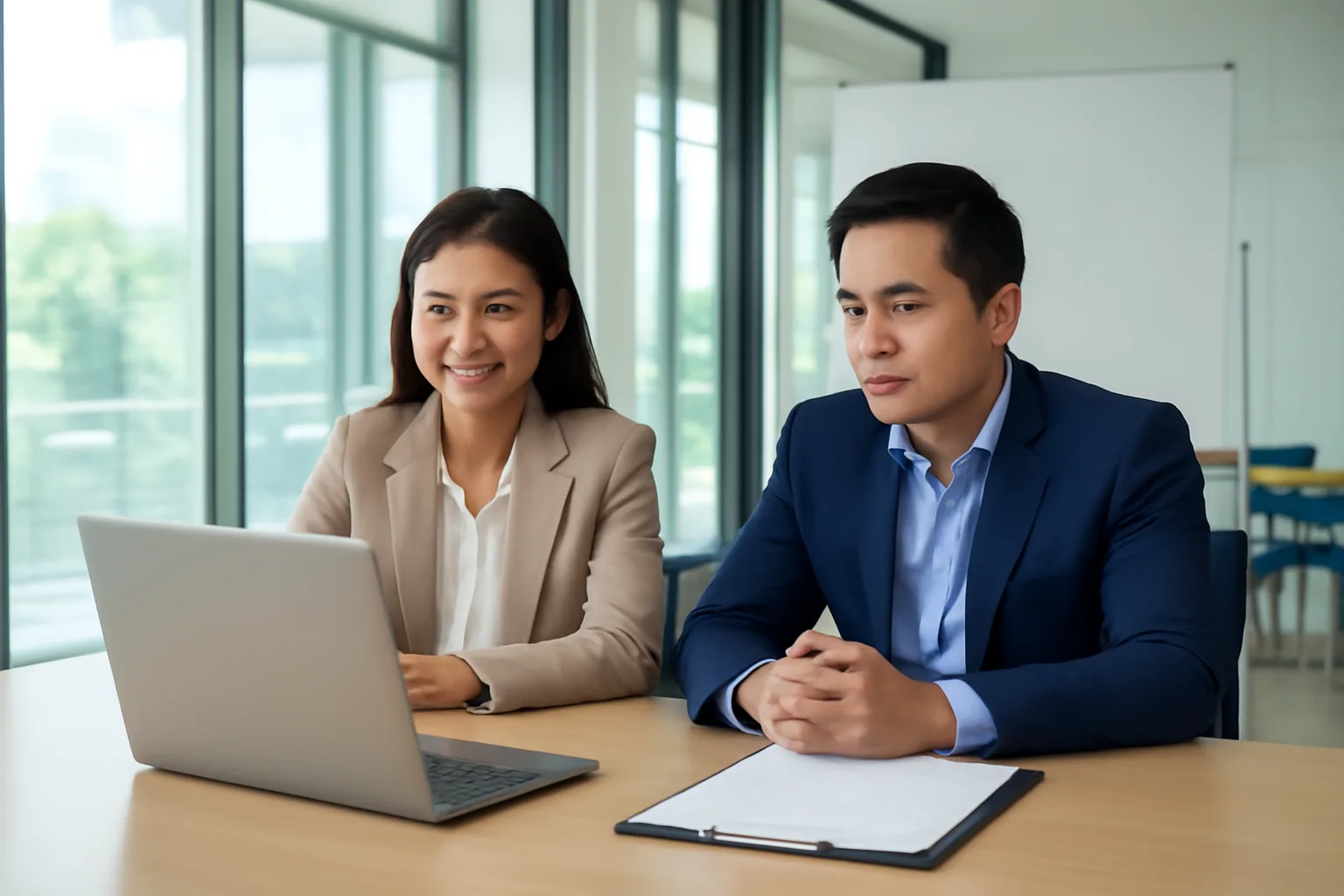 Giám đốc và kế toán trưởng họp trực tuyến với đối tác nước ngoài trong phòng họp nhỏ