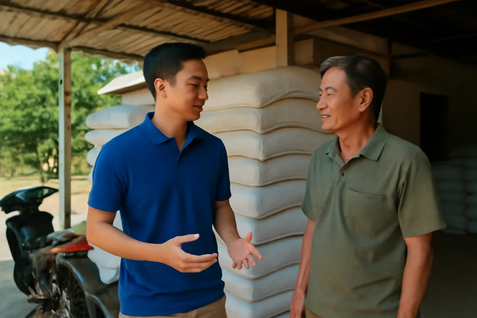 Nhân viên kinh doanh vùng đứng trò chuyện với chủ đại lý bên các bao phân bón xếp cao
