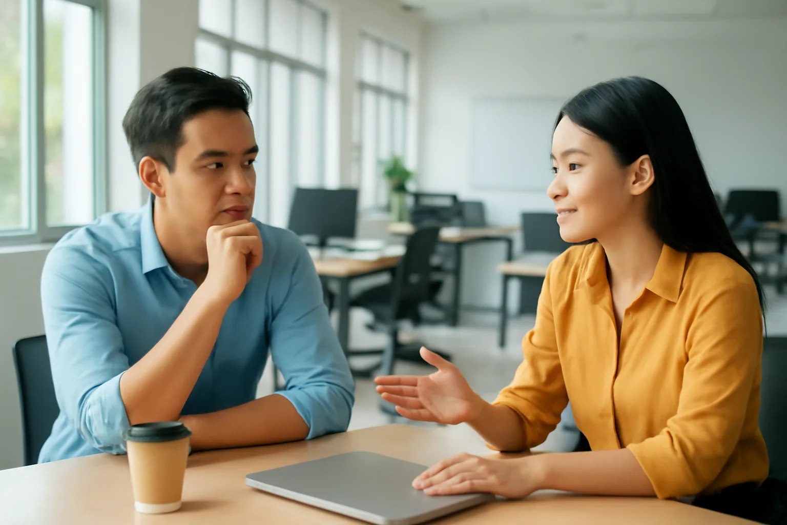 Hai đồng nghiệp trao đổi bên bàn làm việc trong văn phòng mở, một người đang cân nhắc