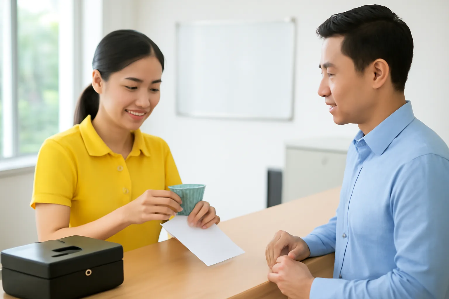 Thủ quỹ đếm tiền tạm ứng trước mặt nhân viên mua hàng tại quầy quỹ của công ty