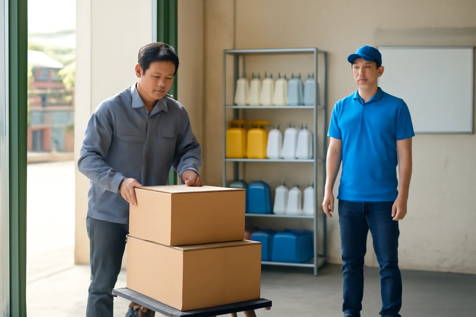 Thủ kho nhận thùng vật tư tiêu hao giao định kỳ tại kho nhà máy