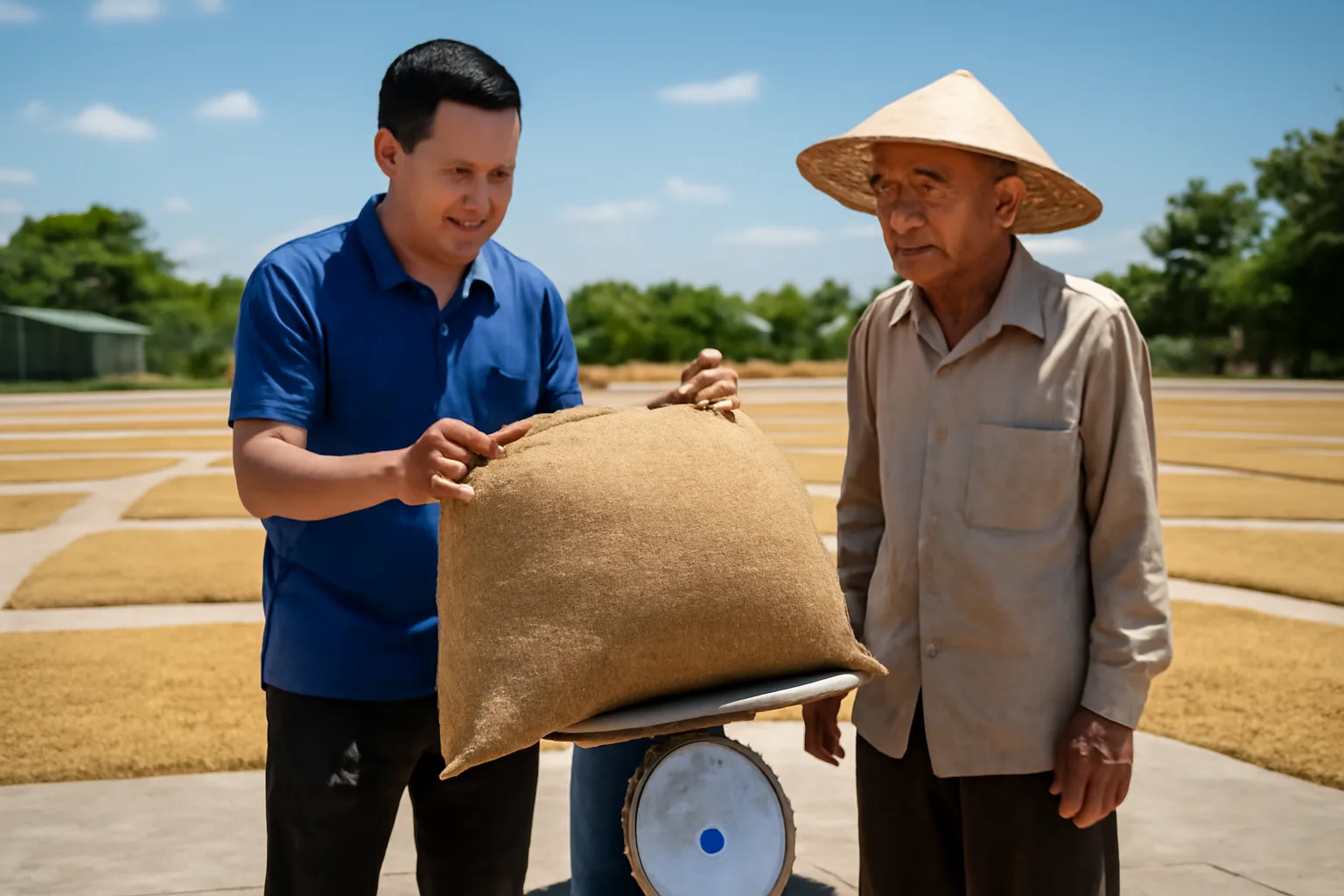 Nhân viên thu mua cân bao cà phê cùng người nông dân ngay tại sân phơi