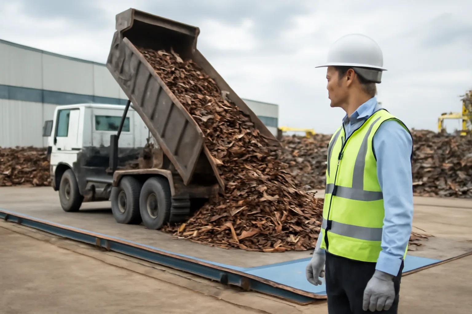 Nhân viên kiểm hàng quan sát xe tải đổ sắt vụn xuống bãi của nhà máy