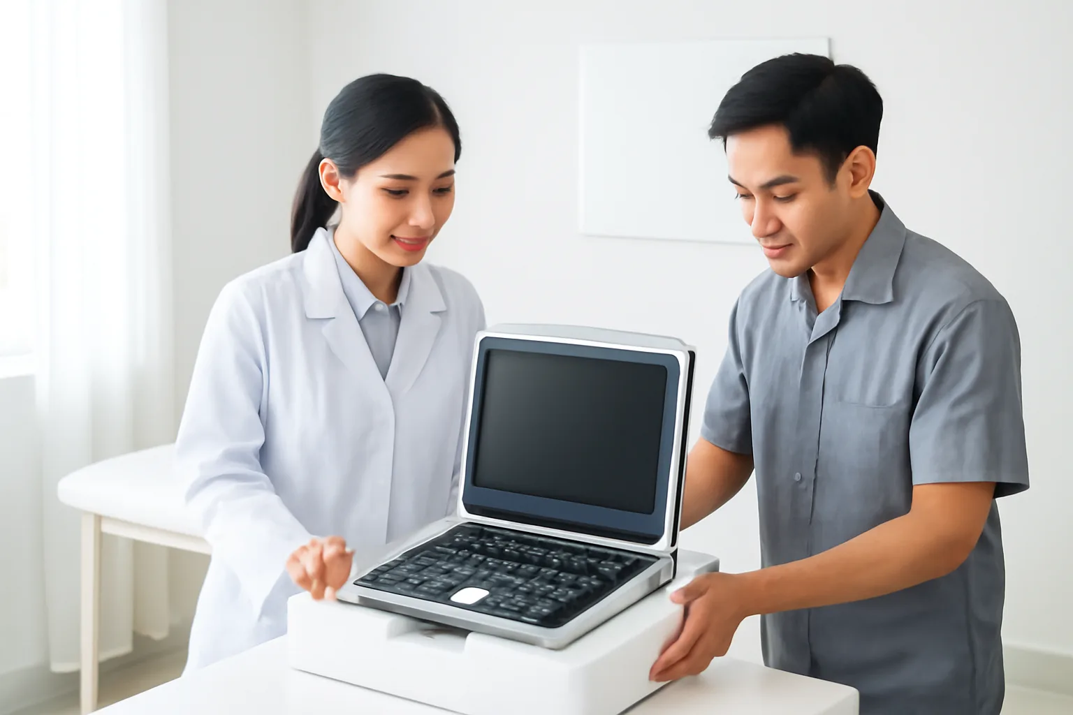 Quản lý phòng khám và kỹ thuật viên kiểm tra máy siêu âm mới mở thùng trong phòng khám