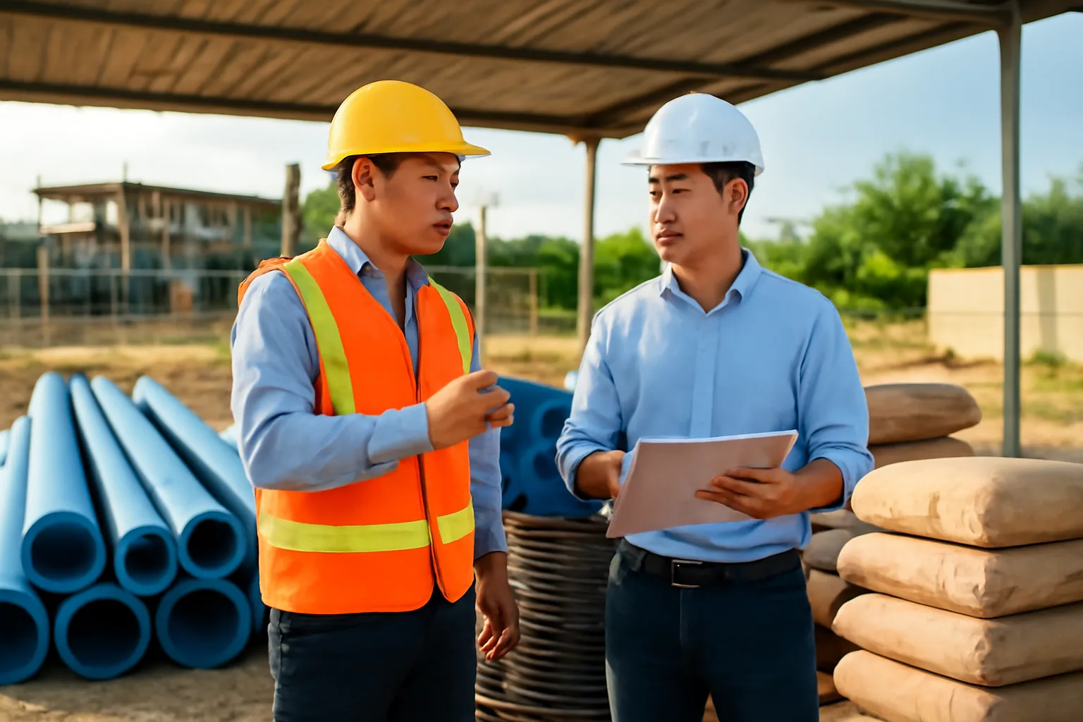 Chỉ huy trưởng và kỹ sư công trường trao đổi bên đống vật tư phụ gồm ống nhựa và dây điện