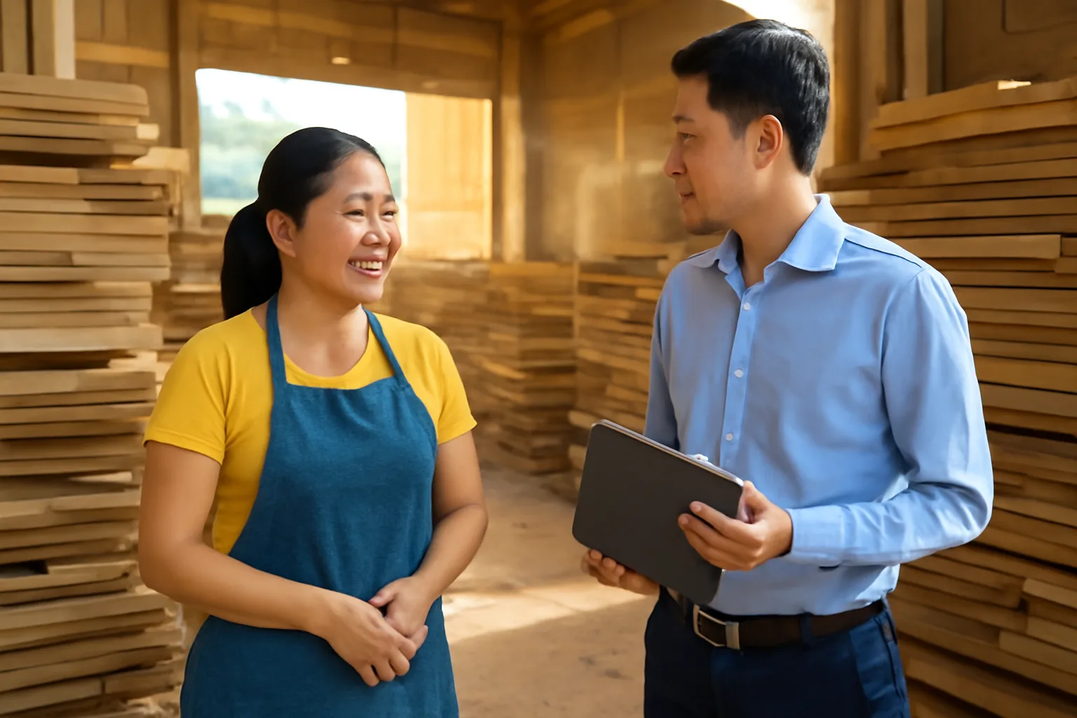 Nữ giám đốc xưởng mộc trao đổi với kế toán giữa các chồng ván gỗ trong xưởng