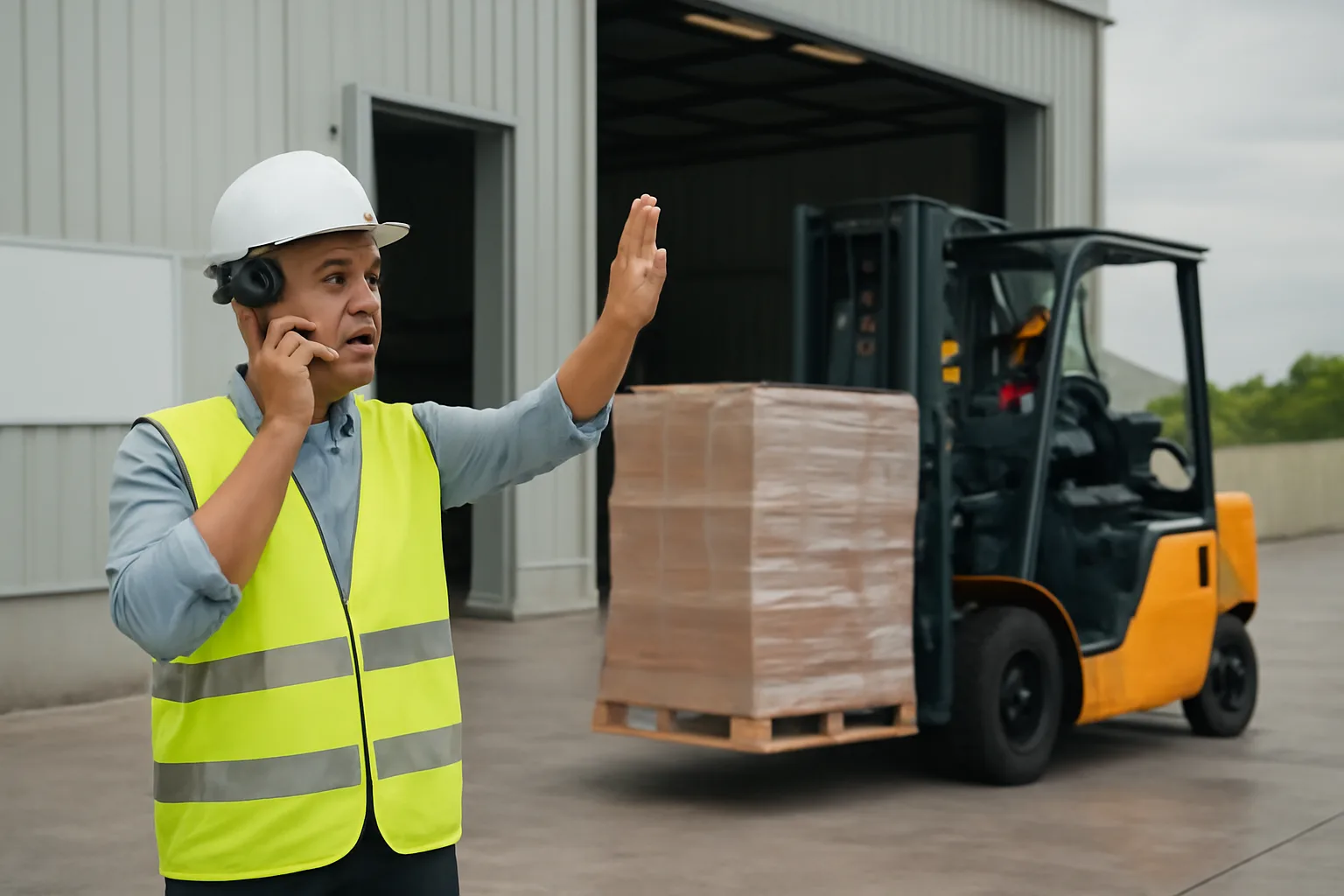 Quản lý mua hàng giơ tay ra hiệu dừng xe nâng chở pallet hàng tại cửa kho trong lúc nghe điện thoại