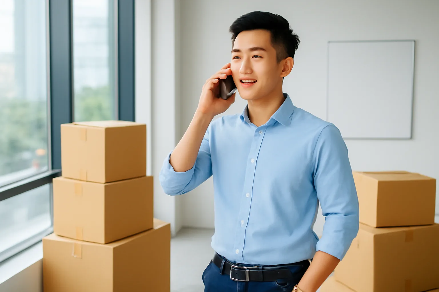 Nhân viên mua hàng gọi điện cho nhà cung cấp bên cửa sổ văn phòng mới có thùng đồ chưa mở