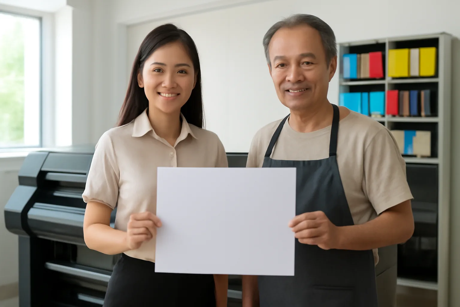 Nhân viên tiếp thị và chủ xưởng in xem mẫu in thử bên máy in khổ lớn