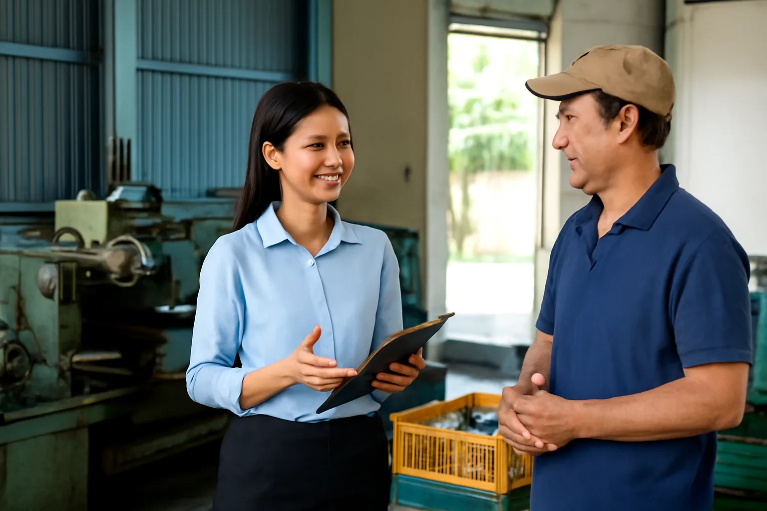 Nhân viên mua hàng trao đổi với chủ xưởng cơ khí nhỏ bên bàn máy tiện