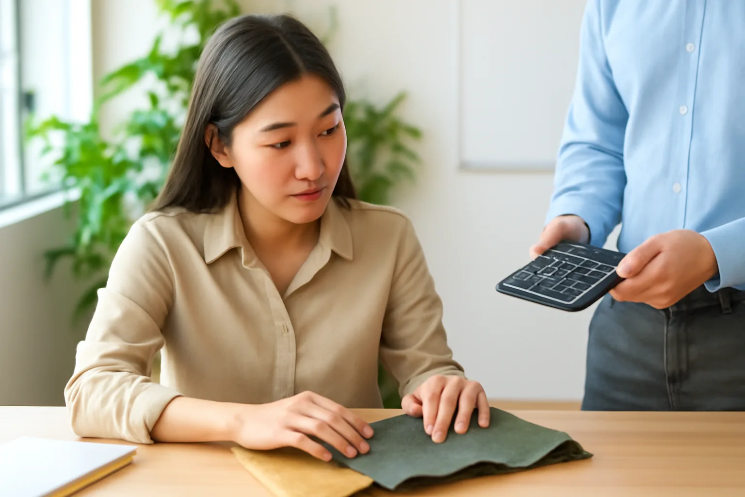 Trưởng phòng mua hàng so sánh hai mẫu vải trên bàn họp cùng đồng nghiệp