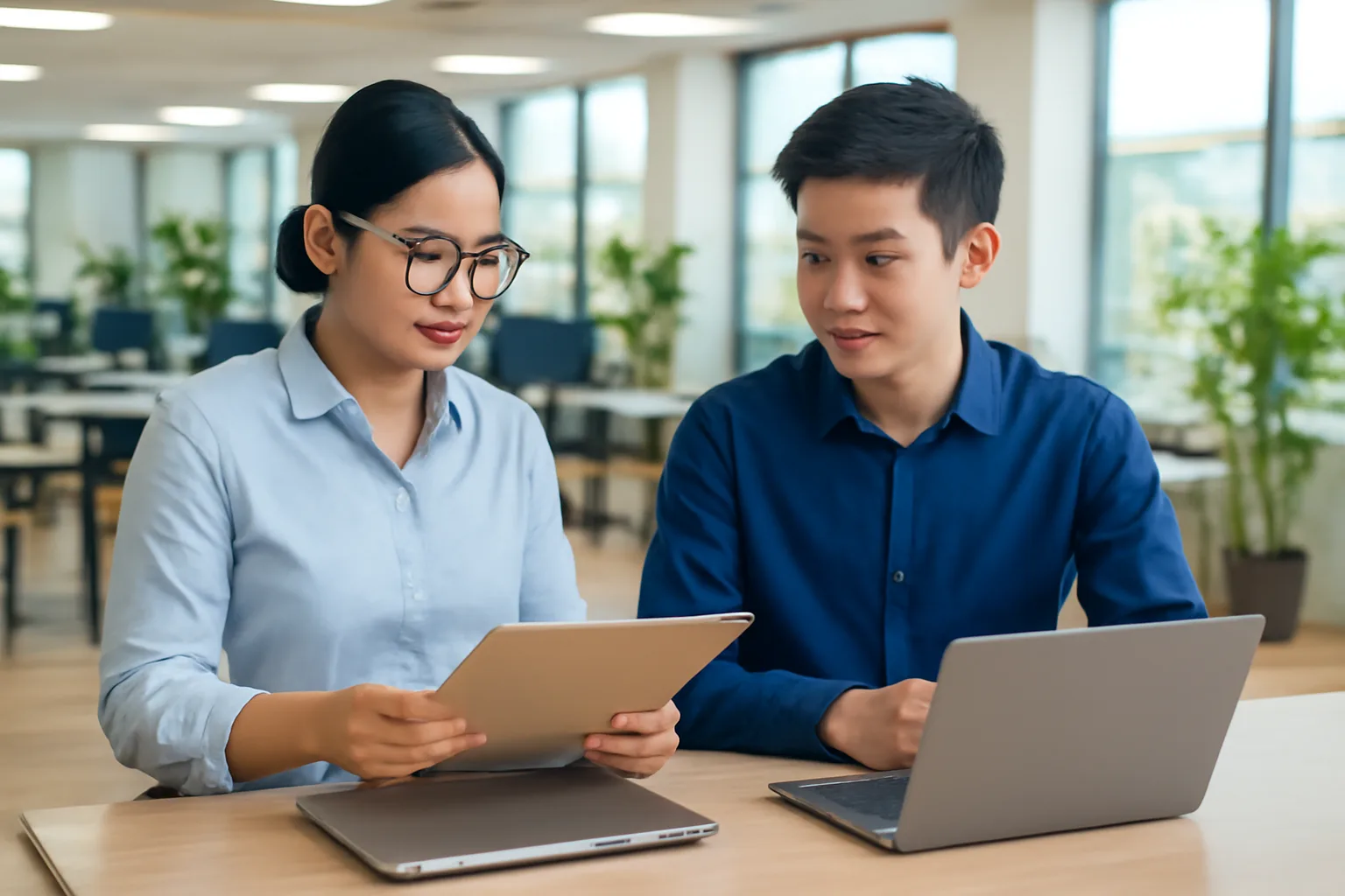 Kế toán trưởng và nhân viên công nghệ thông tin cùng rà danh sách phần mềm công ty đang thuê