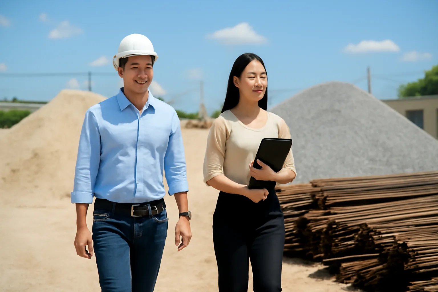 Chỉ huy trưởng công trình và kế toán kiểm đếm bãi vật liệu cát đá tại công trường