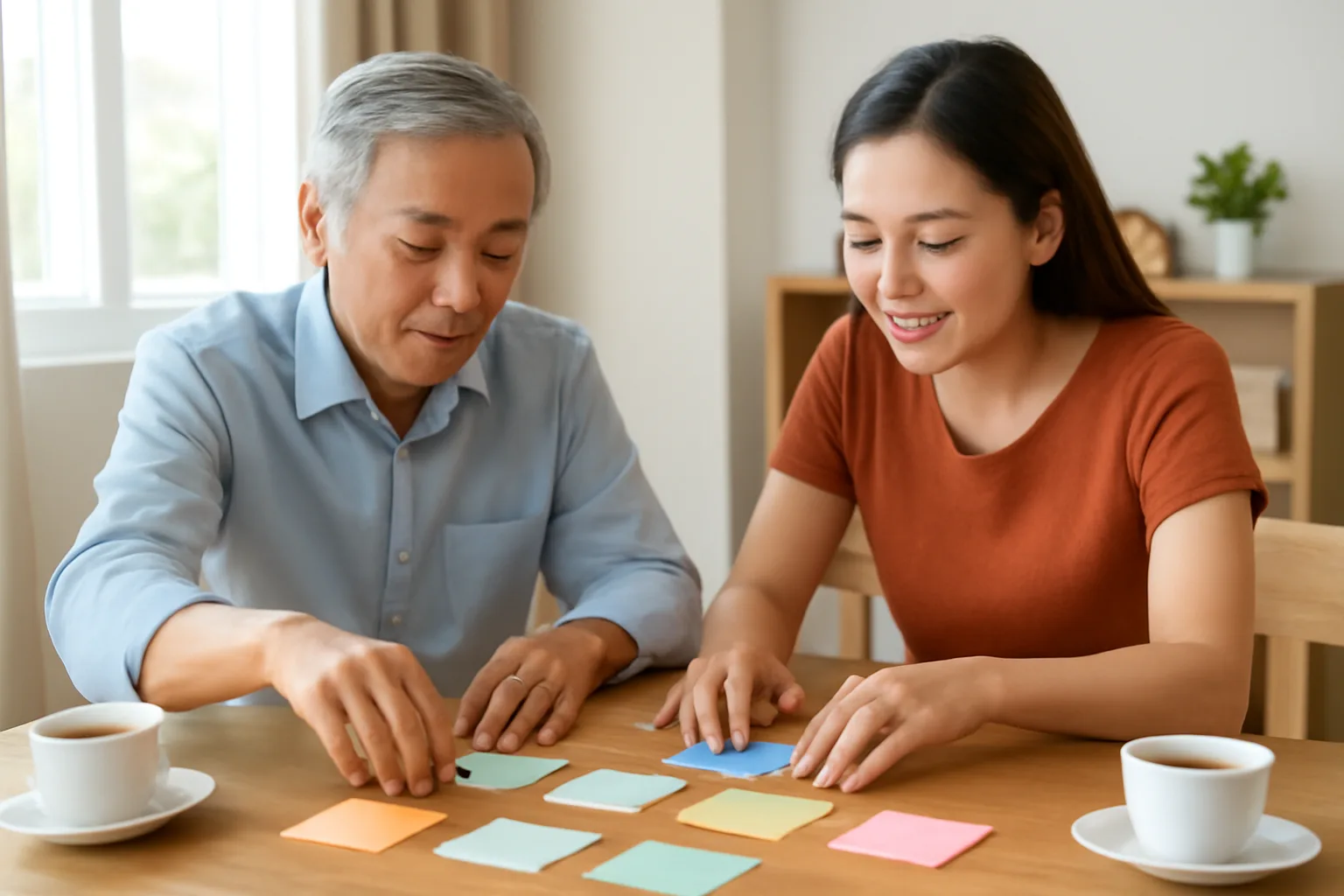 Chủ doanh nghiệp lớn tuổi và con gái sắp xếp giấy ghi chú màu trên bàn làm việc tại nhà