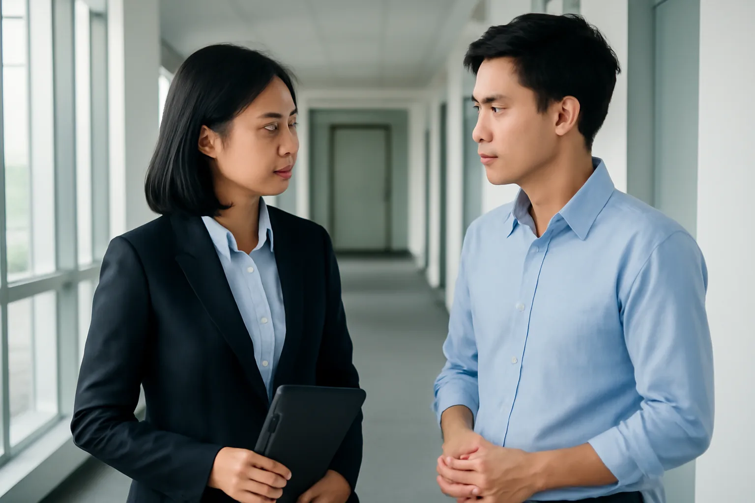 Trưởng phòng tài chính và nhân viên mua hàng trao đổi nghiêm túc ở hành lang văn phòng