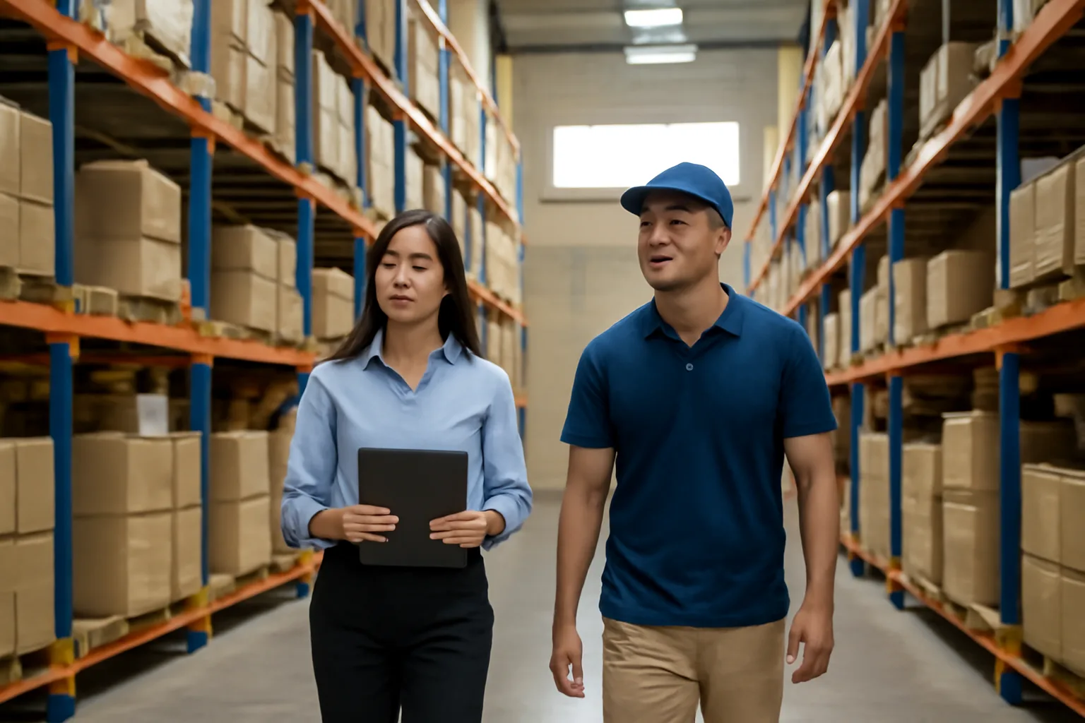 Kế toán và thủ kho đi giữa các kệ hàng trong kho để xem xét thực tế hàng hoá
