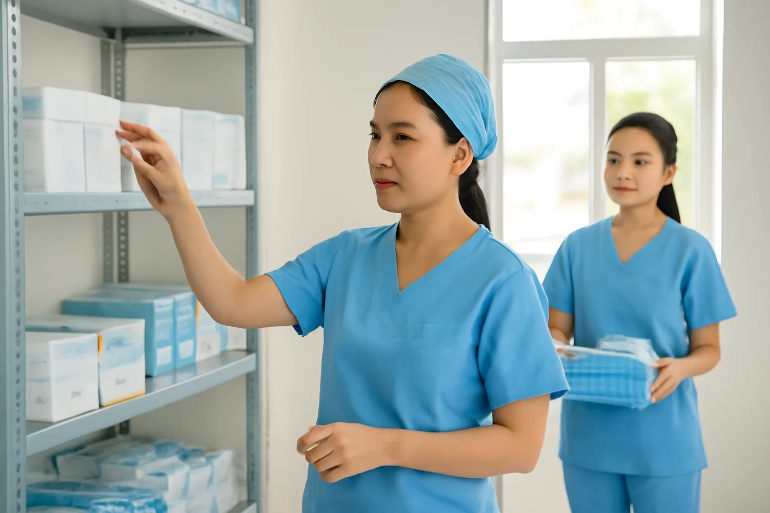 Điều dưỡng trưởng kiểm đếm hộp vật tư tiêu hao trên kệ kho nhỏ của phòng khám