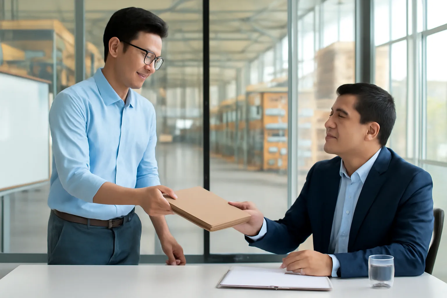 Nhân viên mua hàng đưa tập hồ sơ cho quản lý ký duyệt, phía sau vách kính là kho hàng