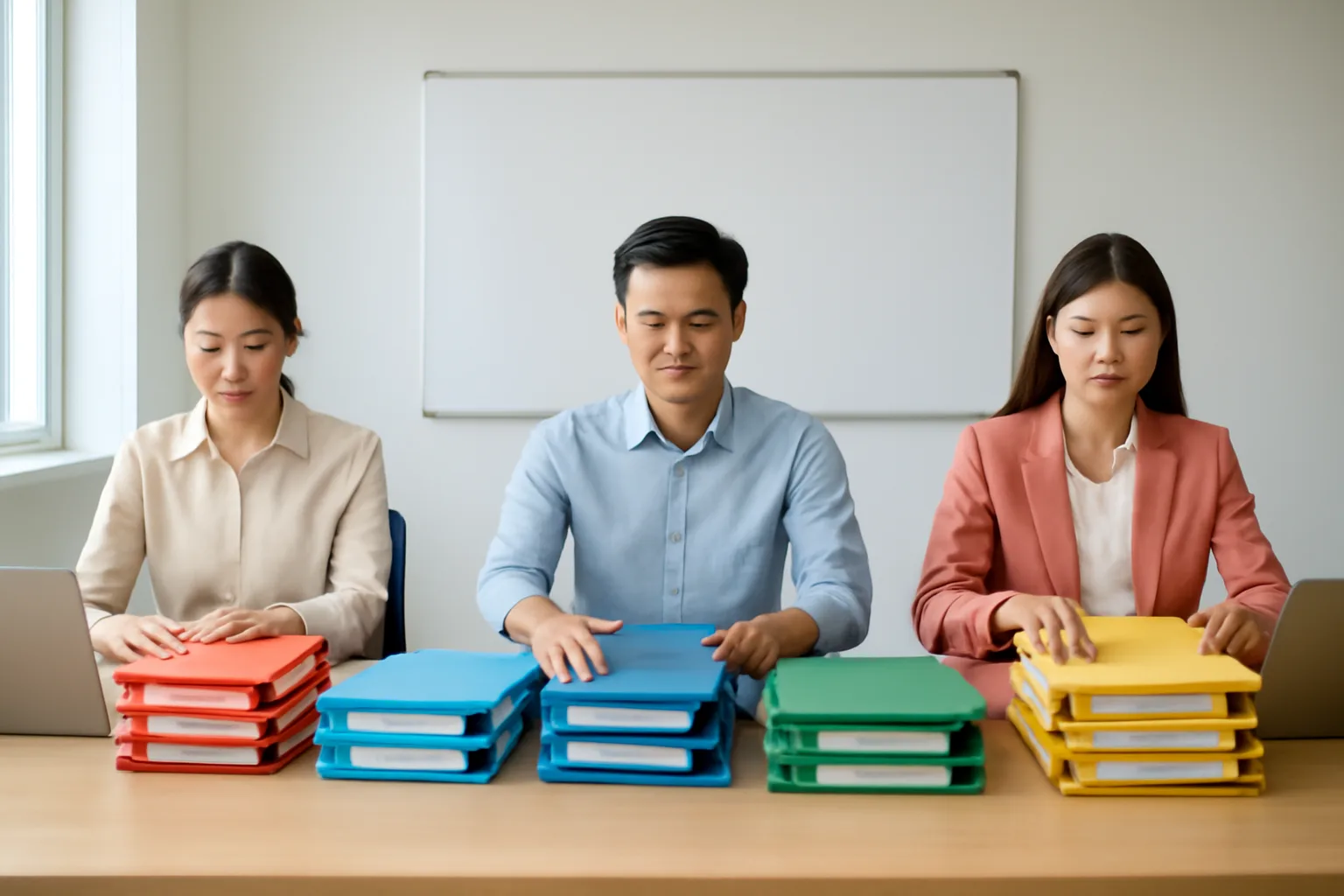 Nhóm kế toán và mua hàng sắp xếp các bìa hồ sơ nhà cung cấp trên bàn dài