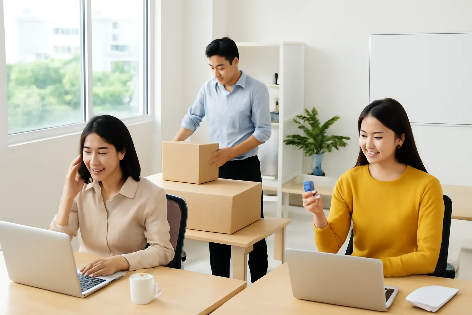 Ba nhân viên ở ba bàn làm việc riêng: một người gọi điện, một người kiểm thùng hàng, một người bên máy tính