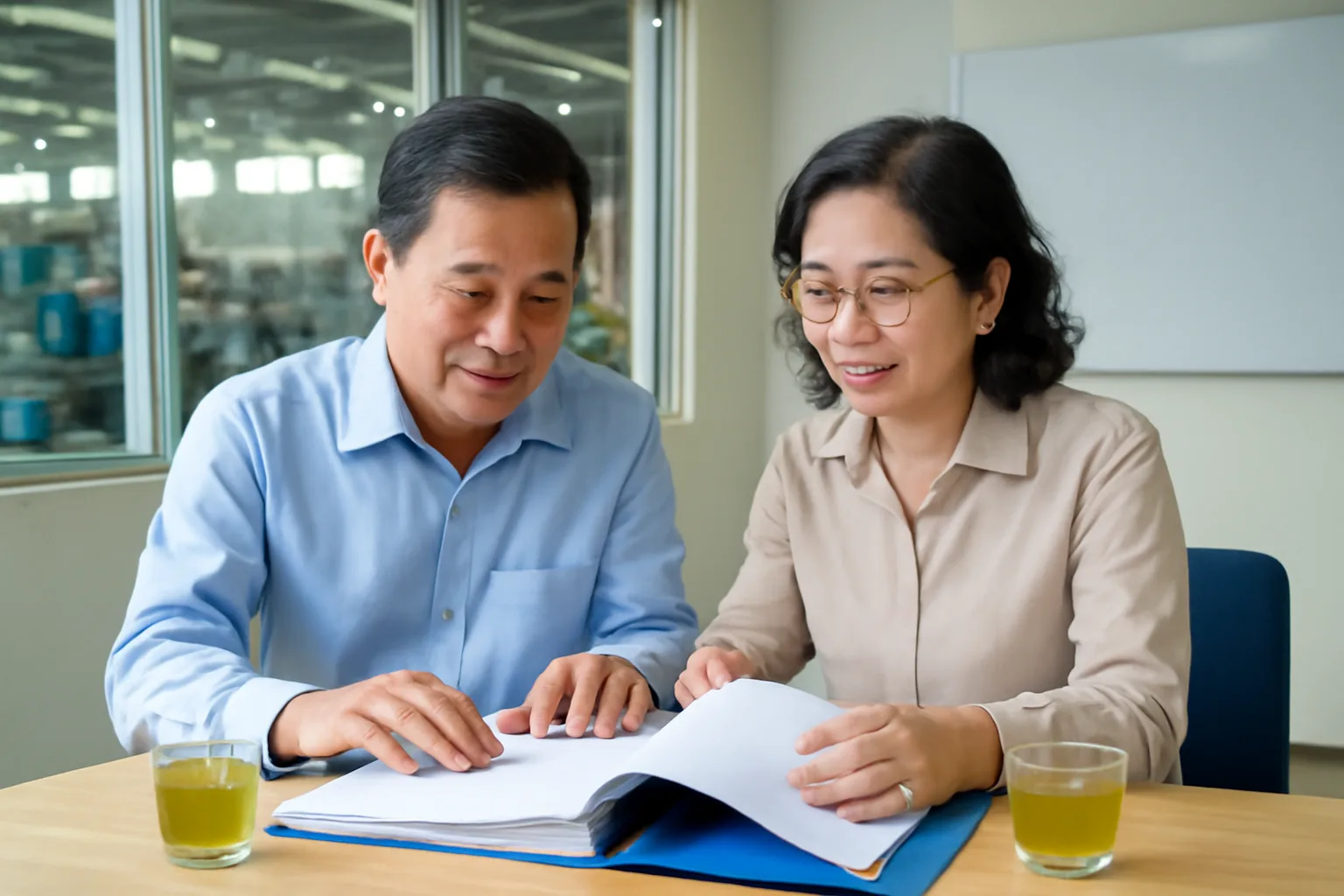 Hai người phụ trách mua bán ngồi bên bàn trà trong văn phòng nhà máy, xem lại tập hồ sơ hợp tác cũ